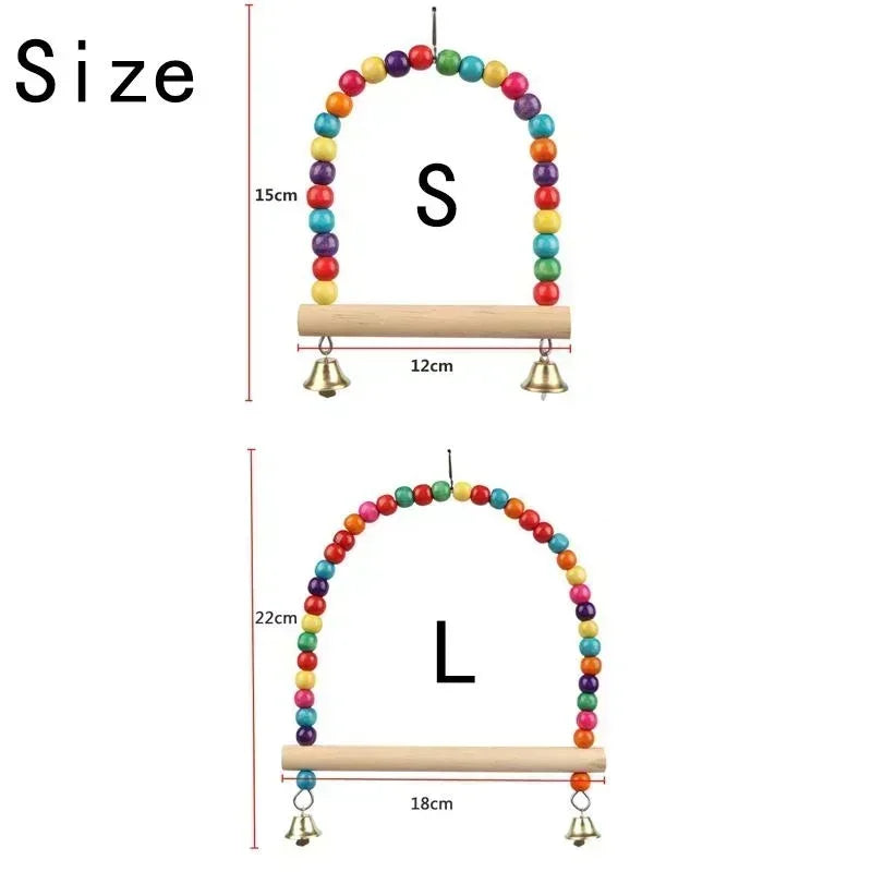 Wooden Bird Swing for Parrots & Small Birds — Hanging Play Toy with Bells & Rings, Small 12×15 cm (4.7×5.9 in) / Large 18×22 cm (7.1×8.7 in)