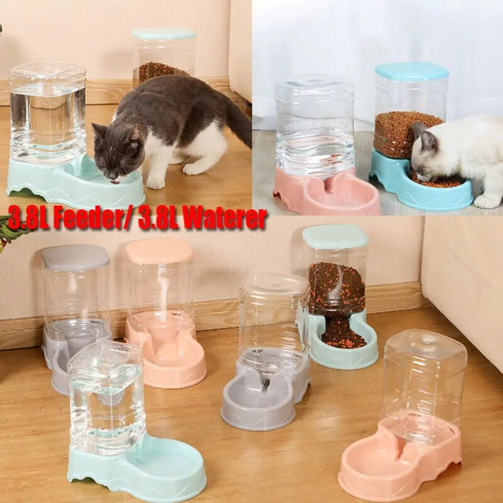 Gravity Pet Feeder and Water Dispenser for Cats and Small Dogs – Transparent PP Hopper, Pink, Blue, Gray