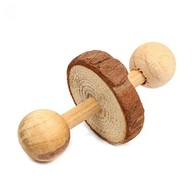 Wooden Pine Chew Roller Toy for Rabbits, Guinea Pigs & Rats - Dumbbell Unicycle Bell for Small Pets