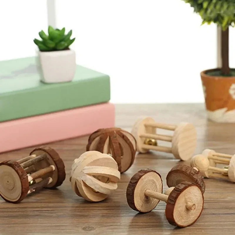 Wooden Pine Chew Roller Toy for Rabbits, Guinea Pigs & Rats - Dumbbell Unicycle Bell for Small Pets
